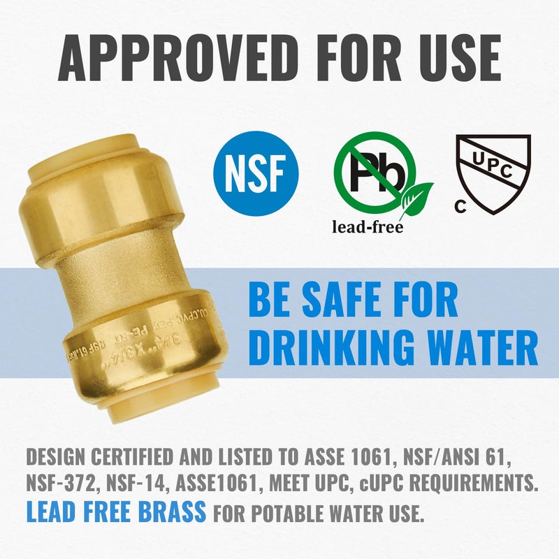 SUNGATOR 6-Pack Straight Coupling, 3/4 Inch Push PEX Fittings, Push-to-Connect Pex Pipe, Copper, CPVC, No Lead Brass Plumbing Fittings with Disconnect Clip - Image 3